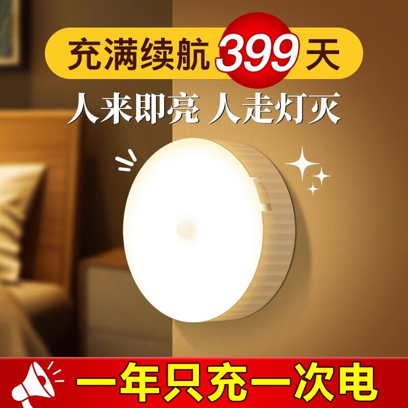 人体智能感应灯人来亮人走灭小夜灯卧室床头厕所楼梯夜间 暖光2个+白光2个【人体感应】