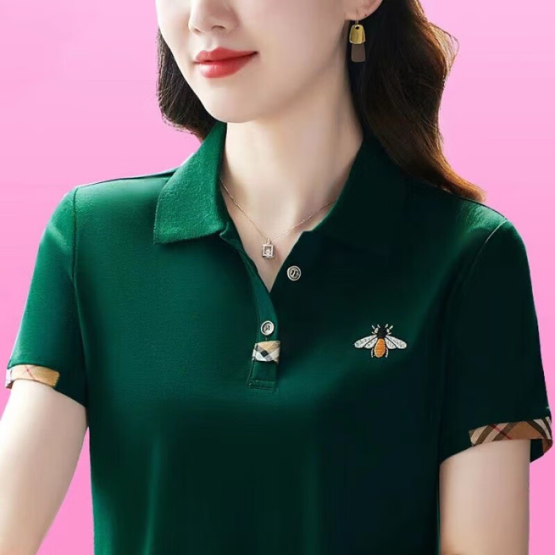 妈妈装短袖t恤夏季2026大码女装洋气显瘦女士POLO领打底衫上衣服 YB-833KY杏色 M 【建议80-95斤】