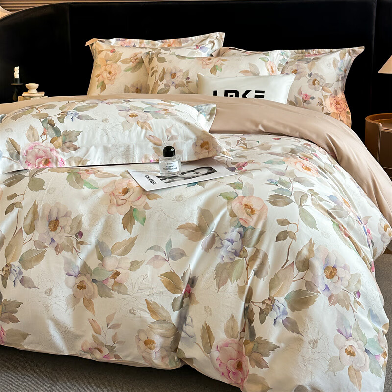 水星系列家纺美式印花长绒棉100支四件套纯棉全棉床单被套床上用品床笠款田园4 伊犁花甸 床单款 1.8M床笠四件套(200*230