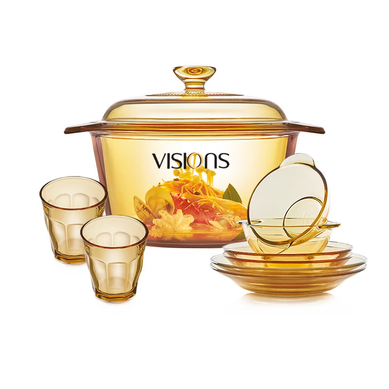 康寧（VISIONS）3.2L湯鍋耐熱玻璃燉鍋+百麗餐具8件組盤子碗碟套裝 鍋具套裝家用