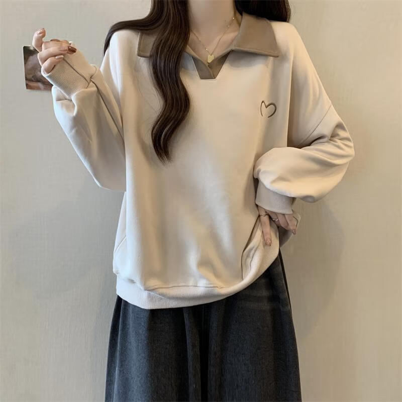 朵貌大码女装撞色polo领卫衣女春秋季显瘦宽松设计感慵懒风外套上衣服 卡其色 3XL 【建议161-180斤】