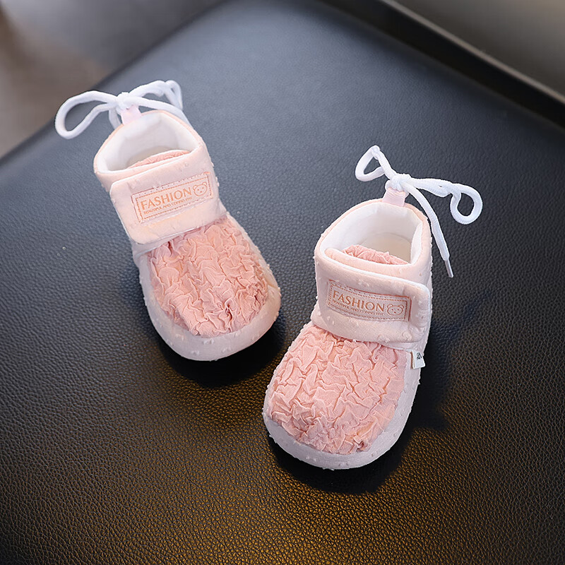 绿呗萌豆婴儿鞋绉布宝宝春秋学步鞋防滑不掉袜0-6-8月1岁男女小童外穿软底 粉色绉布贴标【春秋魔术贴LJ】 11 建议0-4个月
