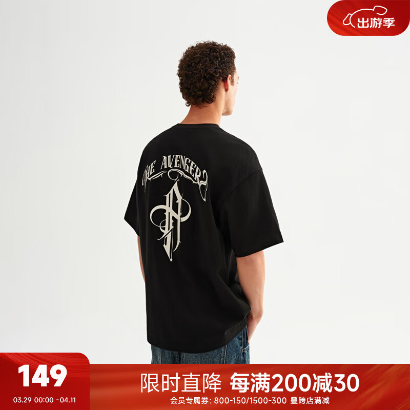 CHINISM CH赤塵簡約純棉短袖復(fù)古T恤男士夏季潮流印花休閑半袖圓領(lǐng)上衣 黑色 L