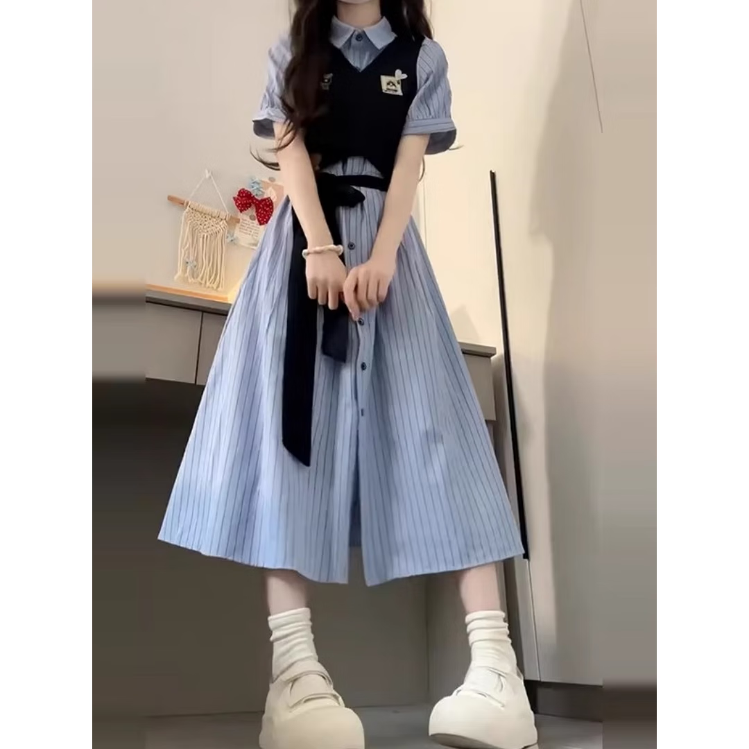 衣图雅裙子女夏季2026新款学院风假两件连衣裙夏天女学生收腰显瘦中长裙 蓝色 均码 【可备注码数】