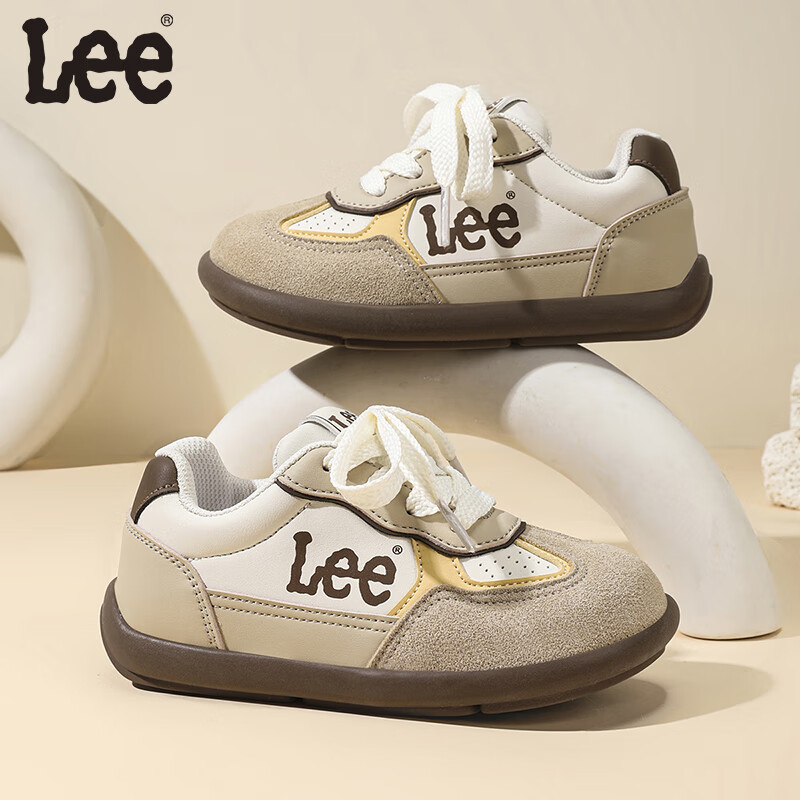 LEE KIDS童鞋秋季新款百搭德训鞋低帮休闲运动鞋男童轻便户外板鞋女大童 米白杏 29 【建议脚长178.3mm】