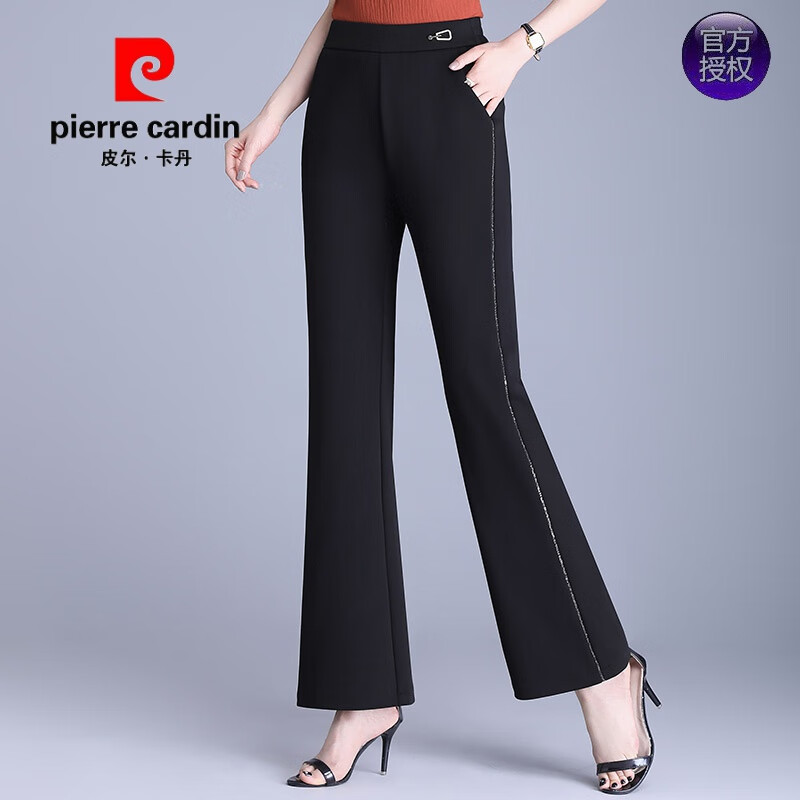 皮爾卡丹（pierre cardin）雪紡微喇褲子女夏季2025新款垂感小個子長褲西裝喇叭褲開叉休閑褲 黑色 3XL