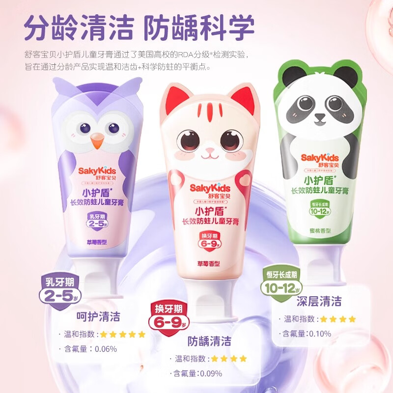 舒客宝贝儿童牙膏小护盾12小时长效防蛀牙克服龋齿3-6-12岁含氟分龄修护 【6-9岁】草莓香60g*3+护齿牙刷*2