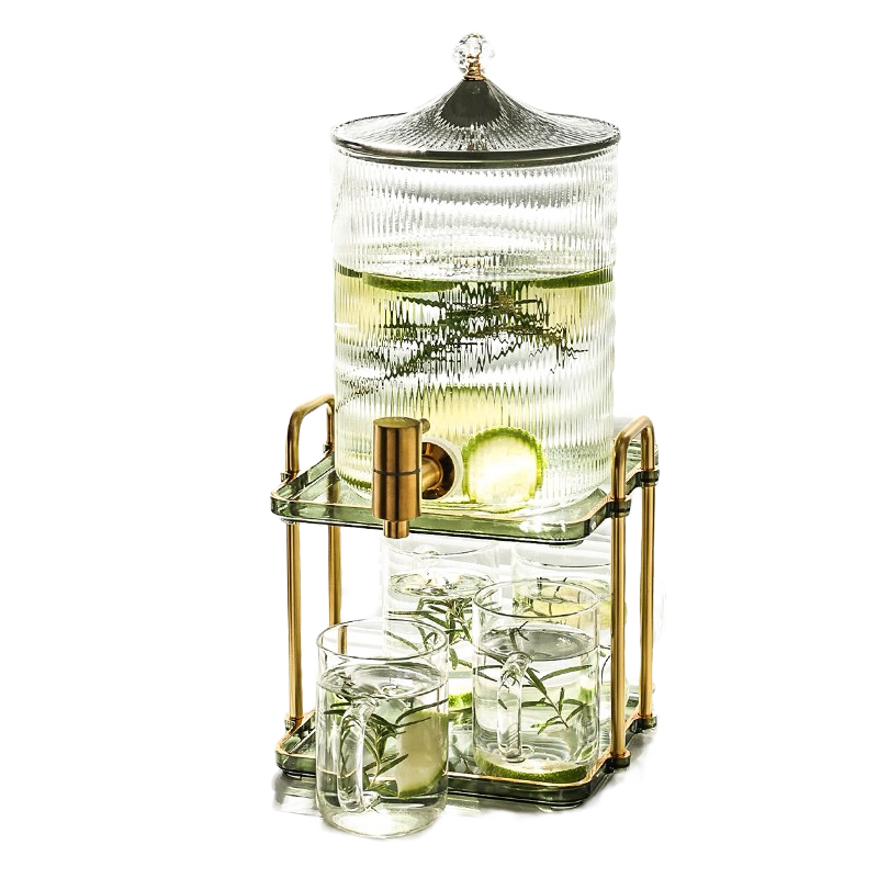 博為 玻璃涼水壺帶不銹鋼龍頭水具套裝大容量飲料桶檸檬水果茶桶 3.6L 水缸+4杯+架子