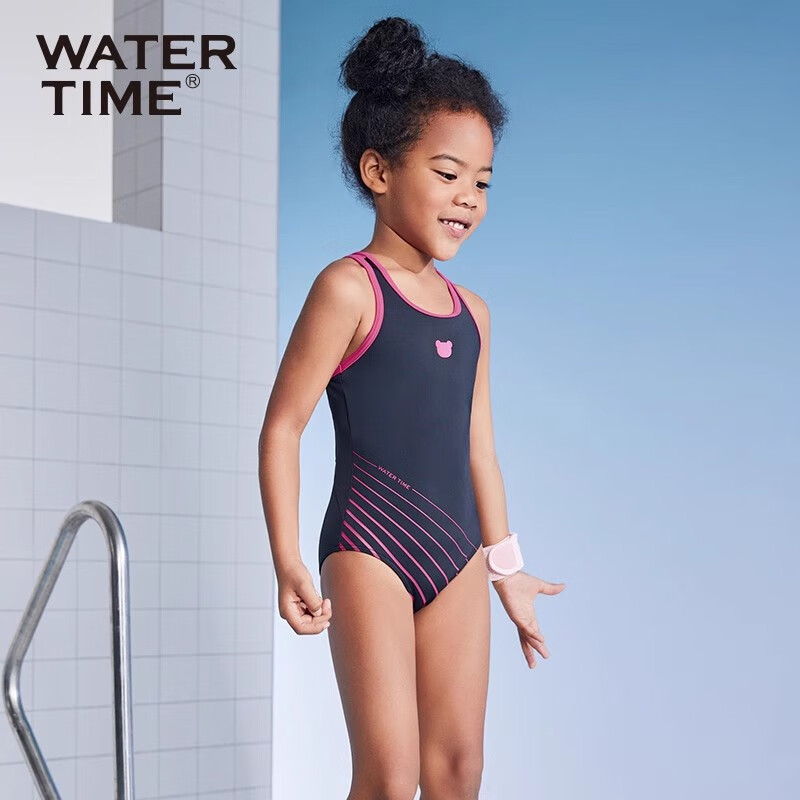WATERTIME兒童泳衣女孩連體三角訓練速干女寶寶中大童游泳衣 黑粉條紋 M [身高125c-135cm 體重24-29KG