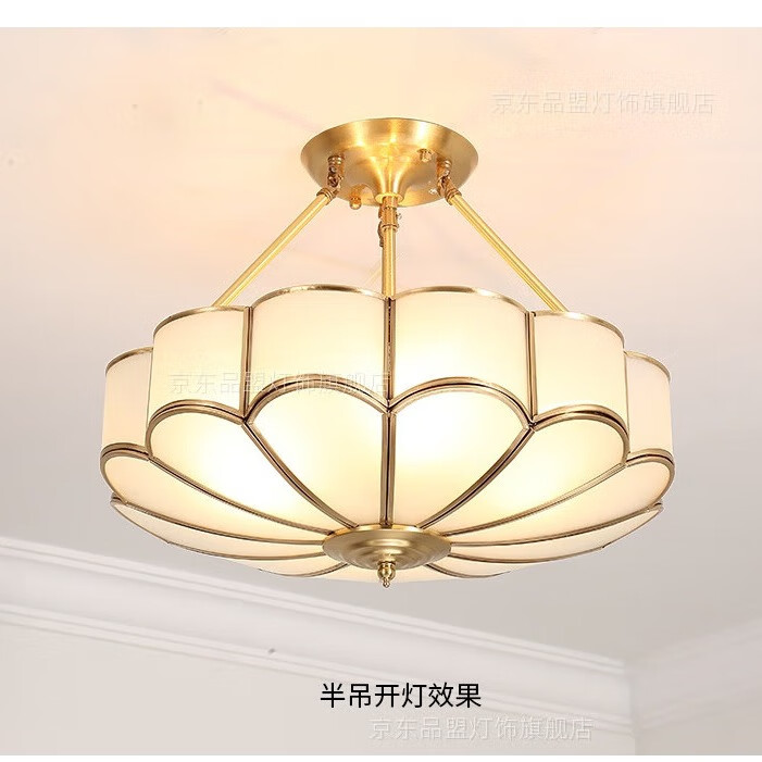 品盟全銅美式臥室吸頂燈led燈具圓形客廳燈簡約現(xiàn)代簡歐書房燈陽臺燈 全銅-臥室/書房-半吊燈 大號直徑60CM