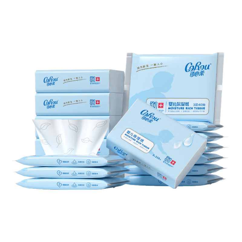 可心柔（COROU）V9婴儿纸巾 3层40抽云柔巾 乳霜纸 保湿纸巾 小包便携 抽纸 3层 40抽*10包 *110抽6包