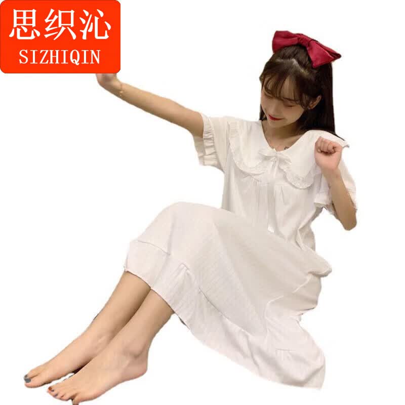 思织沁公主风连衣裙蝴蝶结荷叶边夏季睡裙女甜美可爱蕾丝花边娃娃领长裙 白色 XL (111-125斤)