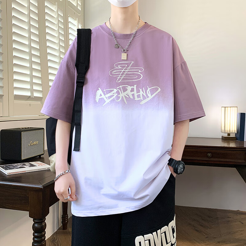 洛科驰青少年夏季短袖t恤12-15岁男孩衣服13初高中学生帅气大童夏装套装 WD-6019-5粉红色(单件上衣) M 75至105斤