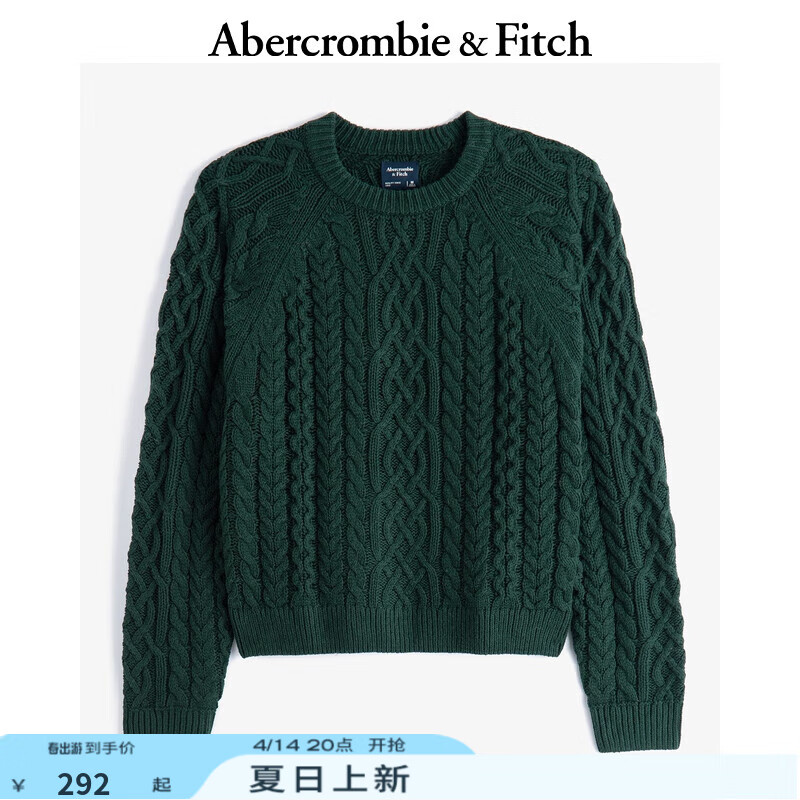 ABERCROMBIE & FITCH男裝24秋冬款寬松經(jīng)典麻花套頭圓領針織衫毛衣KI120-4189 墨綠色 M (180/100A)