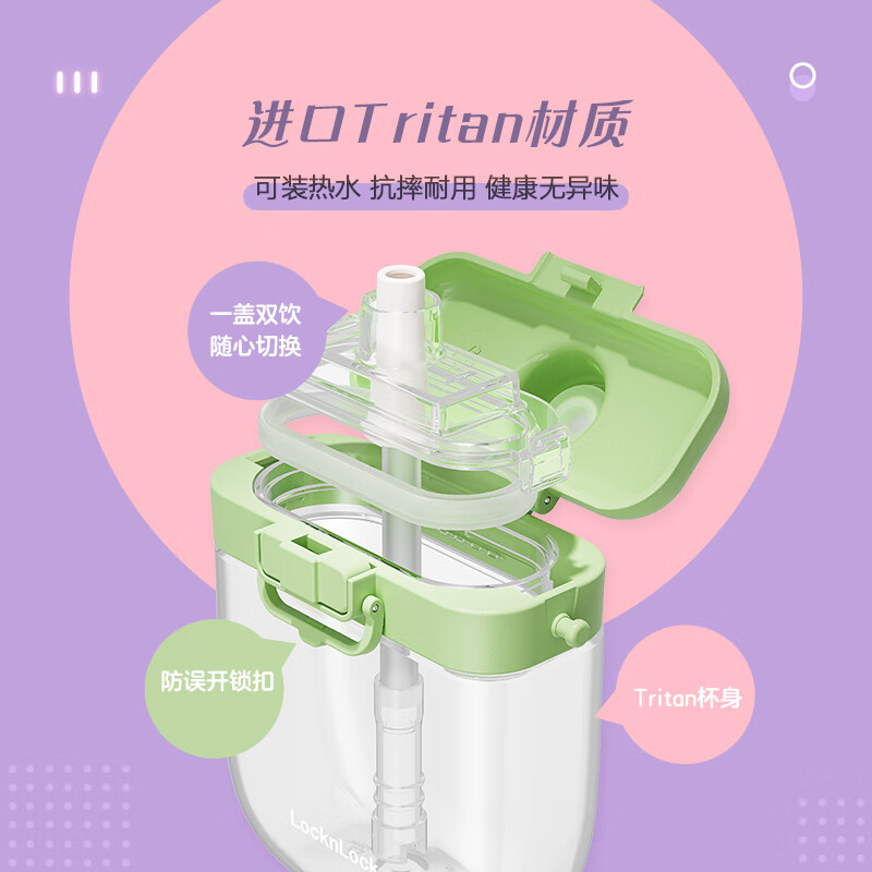 乐扣乐扣(LOCK&LOCK)开学季儿童节礼物水杯夏季带吸管一键开盖提手小学生上学喝水杯子 紫色 470ml