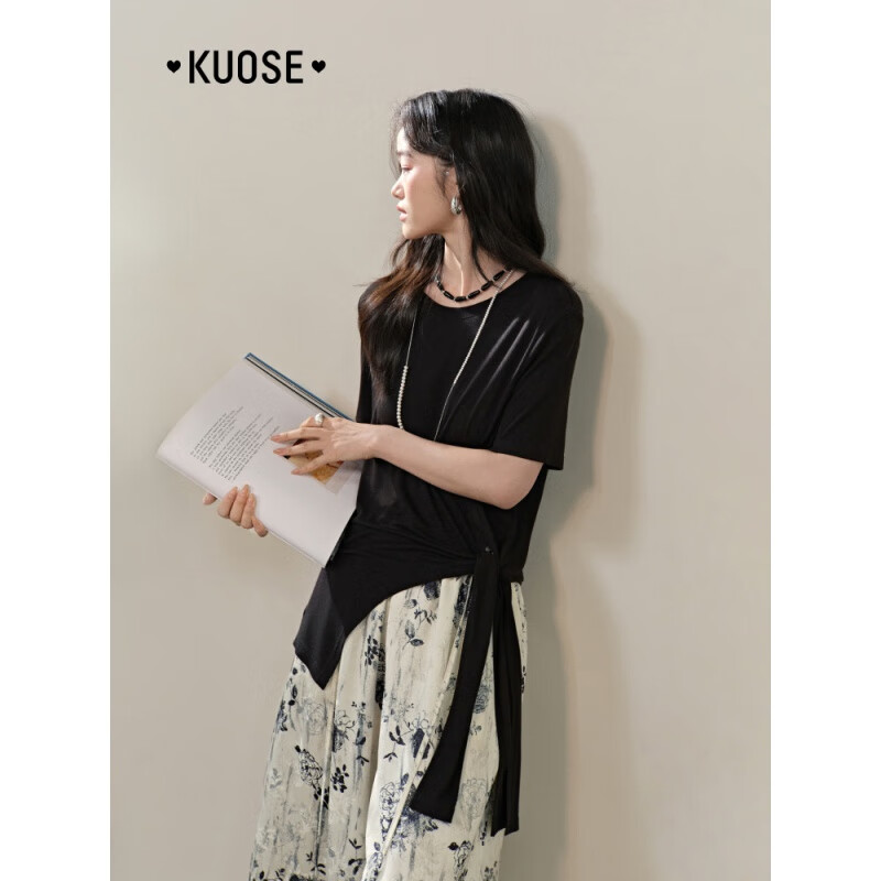 闊色黑色設計感修身顯瘦短袖T恤女裝2025春夏季新款正肩綁帶上衣 黑色 S