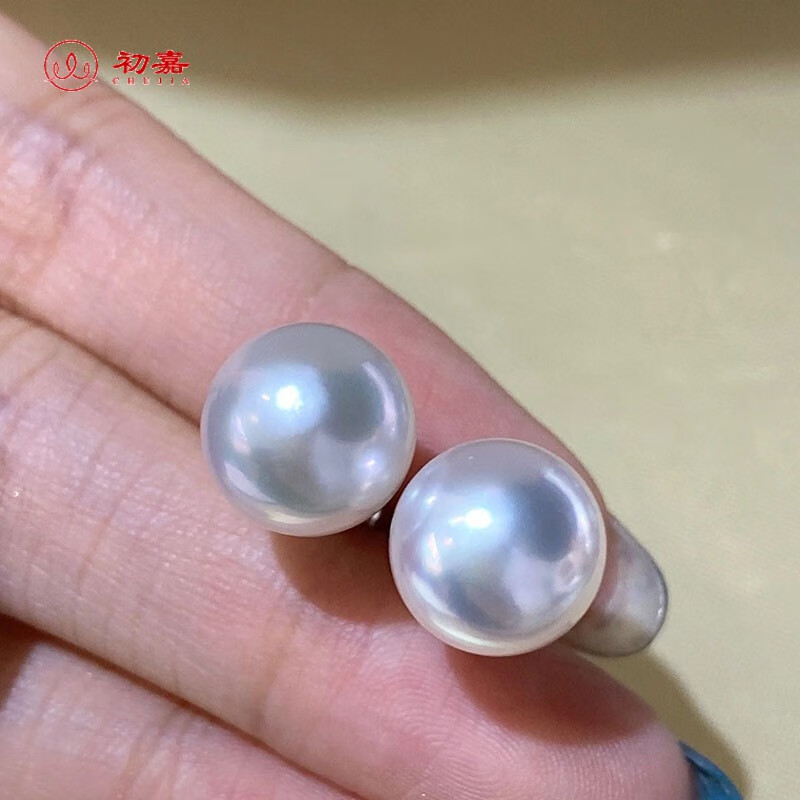 初嘉 南洋金珍珠正圆素面耳钉 18k金白珍珠耳饰 ins风简约百搭男女款耳针 18k金白珍珠耳钉 12-12mm