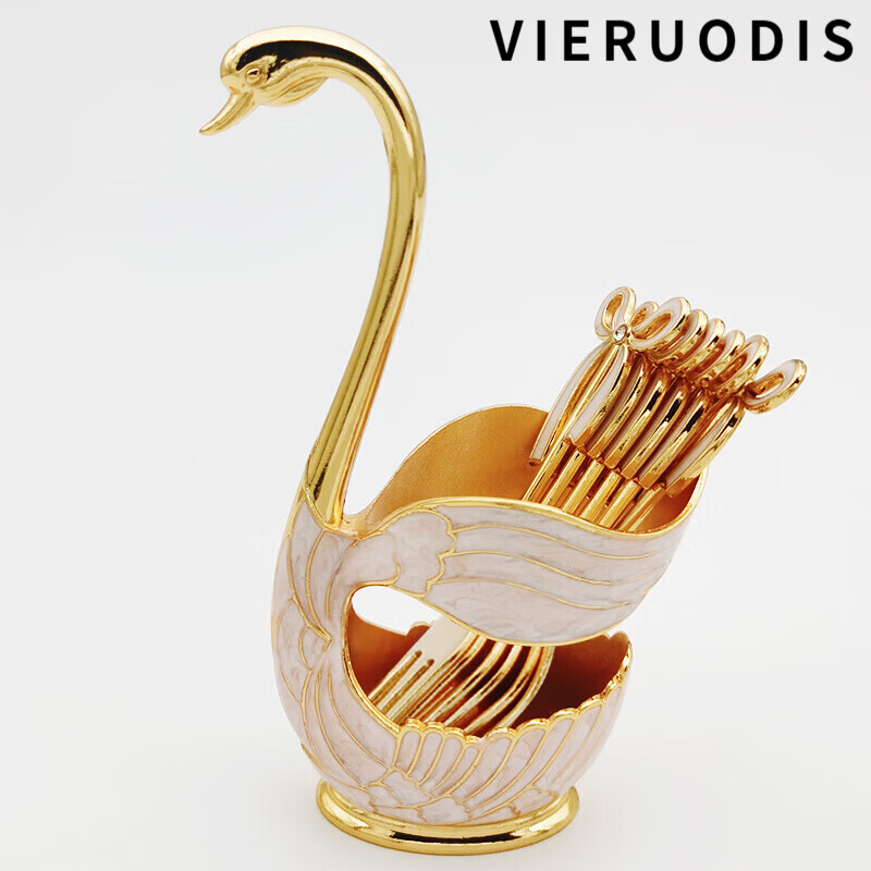 VIERUODIS德國進口品質(zhì)水果叉天鵝座純銅天鵝底座創(chuàng)意餐具歐式水果叉子甜品 金白天鵝中號配六叉