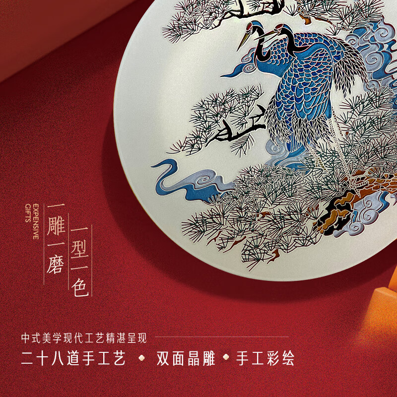 耕玉祝寿贺寿607080百岁大寿送长辈爷爷奶奶父母老人退休荣休松鹤延年 松鹤延年晶雕手绘盘-白Φ36cm