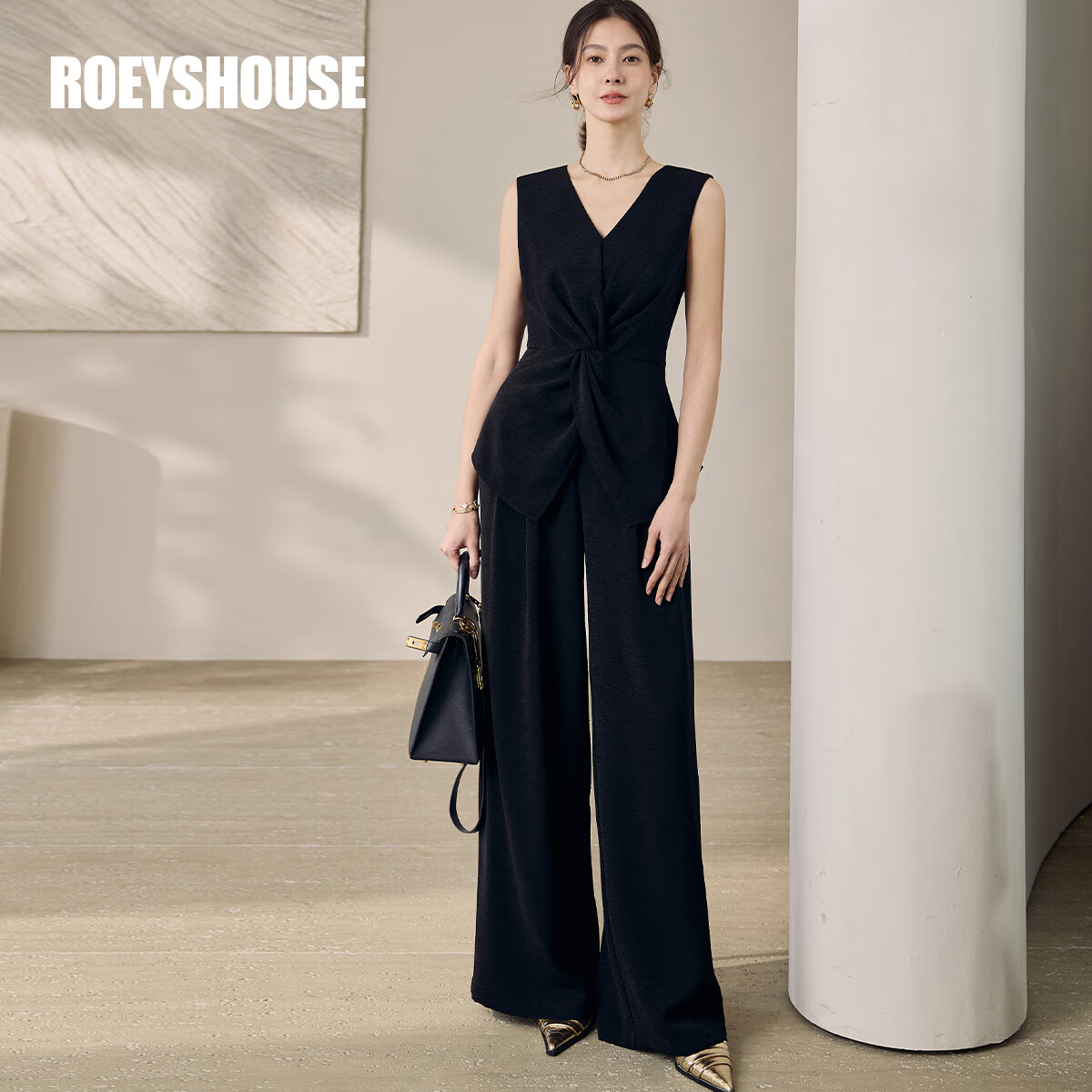 ROEYSHOUSE罗衣高级肌理感修身套装2025夏季新款时尚上衣直筒裤两件套11974 黑色 XL