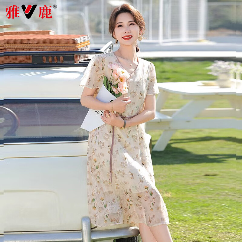 雅鹿妈妈夏装连衣裙2025新款中老年人女装洋气裙子气质高贵母亲节礼物 米底紫花 2XL (175) 【建议105-120斤】