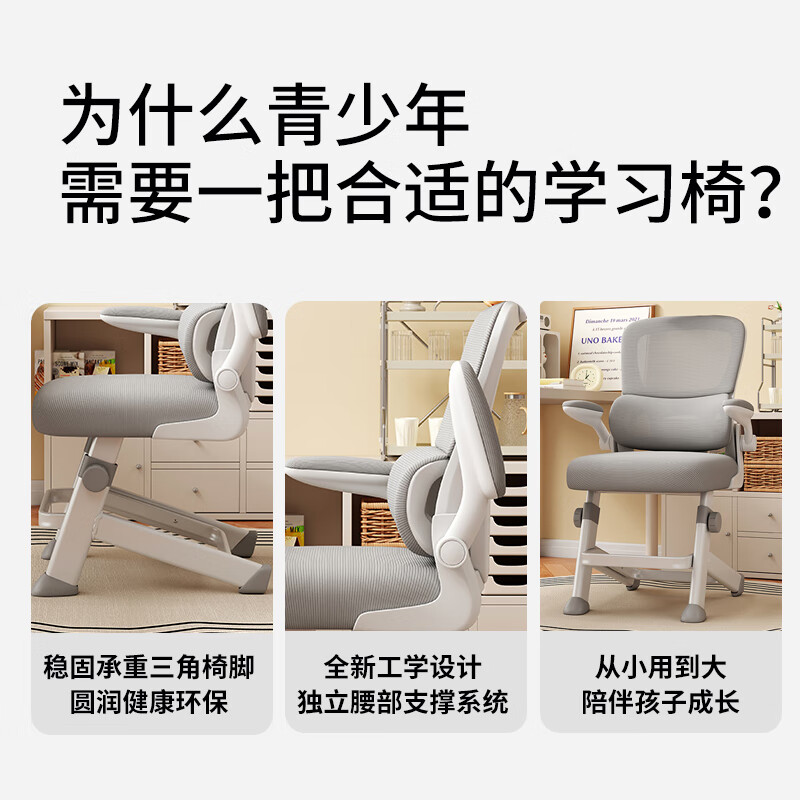惠寻 京东自有品牌电脑椅学习椅工学座椅升降办公椅书桌椅靠背椅子 典雅灰【悬浮腰托+升降调节】