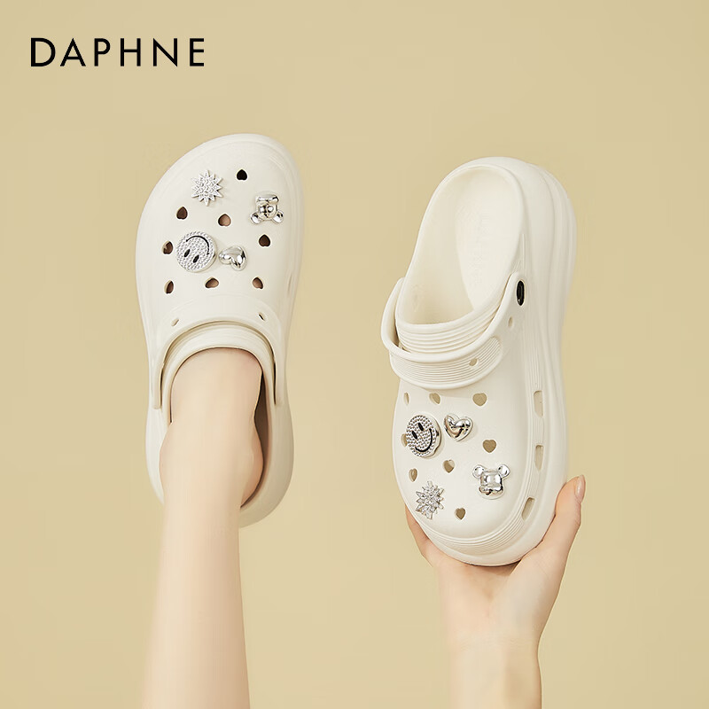 达芙妮（DAPHNE）泡芙款洞洞鞋女款夏季增高厚底户外沙滩凉拖鞋外穿凉鞋 米色  37 