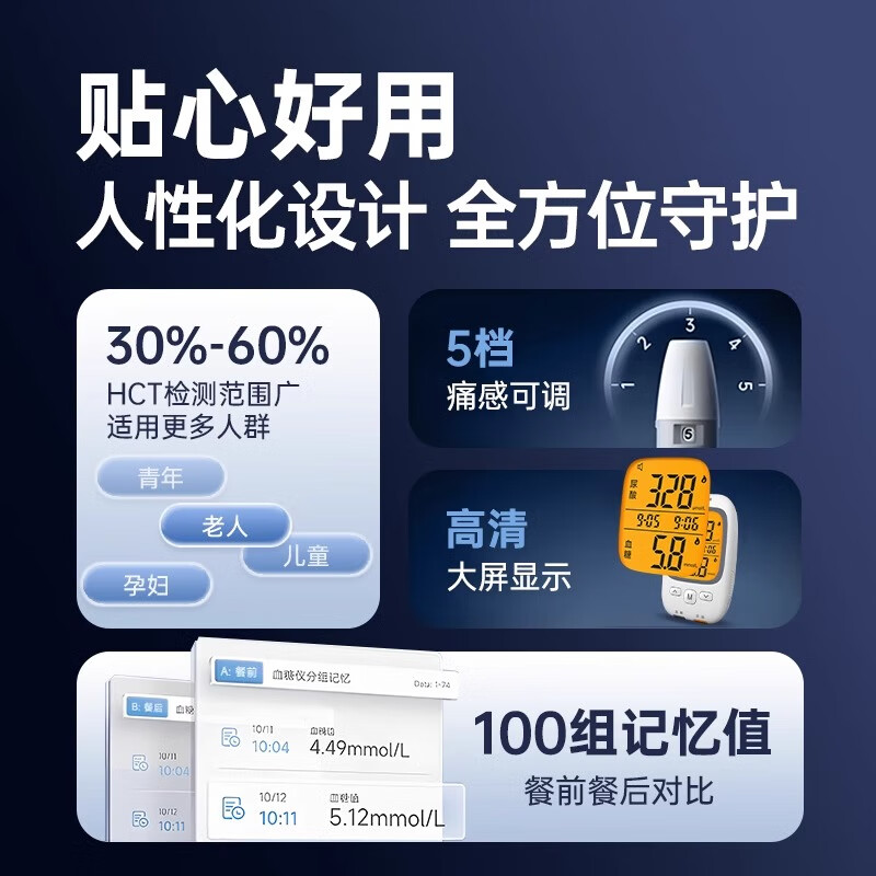 鱼跃血糖尿酸检测试仪器免家用医用级试纸扎针二合一体机糖尿病高精准 【双测】仪器+50张尿酸试纸+50张血糖试纸