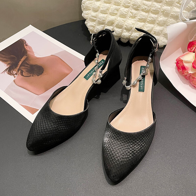 大東(dusto)高跟鞋女粗跟一字帶超高中空單鞋肥腳大碼涼鞋41-43 黑色 35