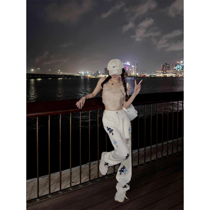 POUM白色破洞直筒轻奢牛仔裤男秋季新款十字皮标宽松显瘦阔腿裤子男 CHFS-C991白色 破洞款 L 115-130斤