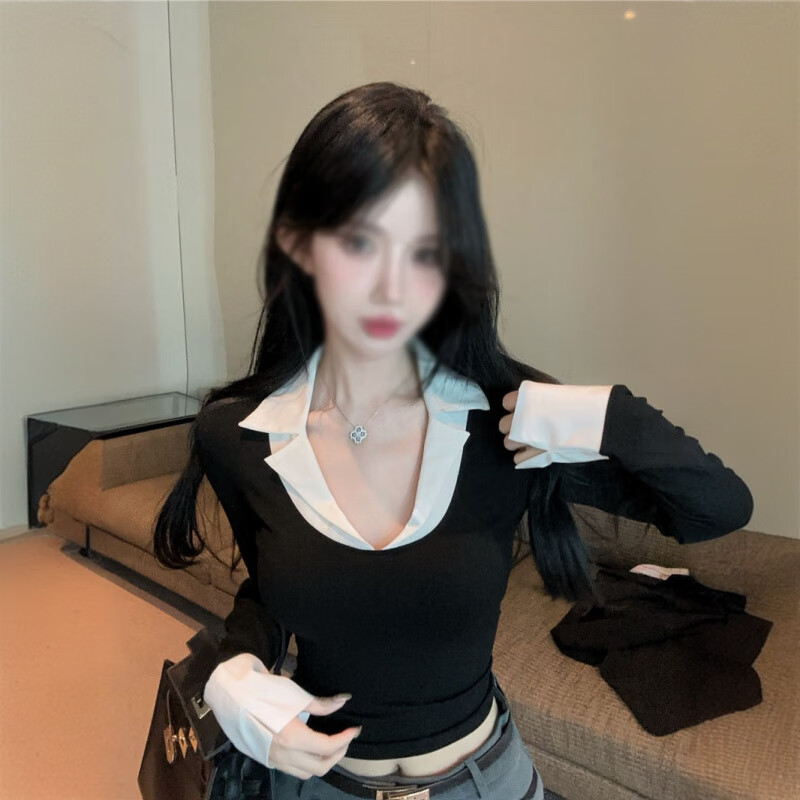 純欲辣妹低胸領(lǐng)上衣女秋冬領(lǐng)假兩件長袖恤感打底衫內(nèi)搭 黑色 S