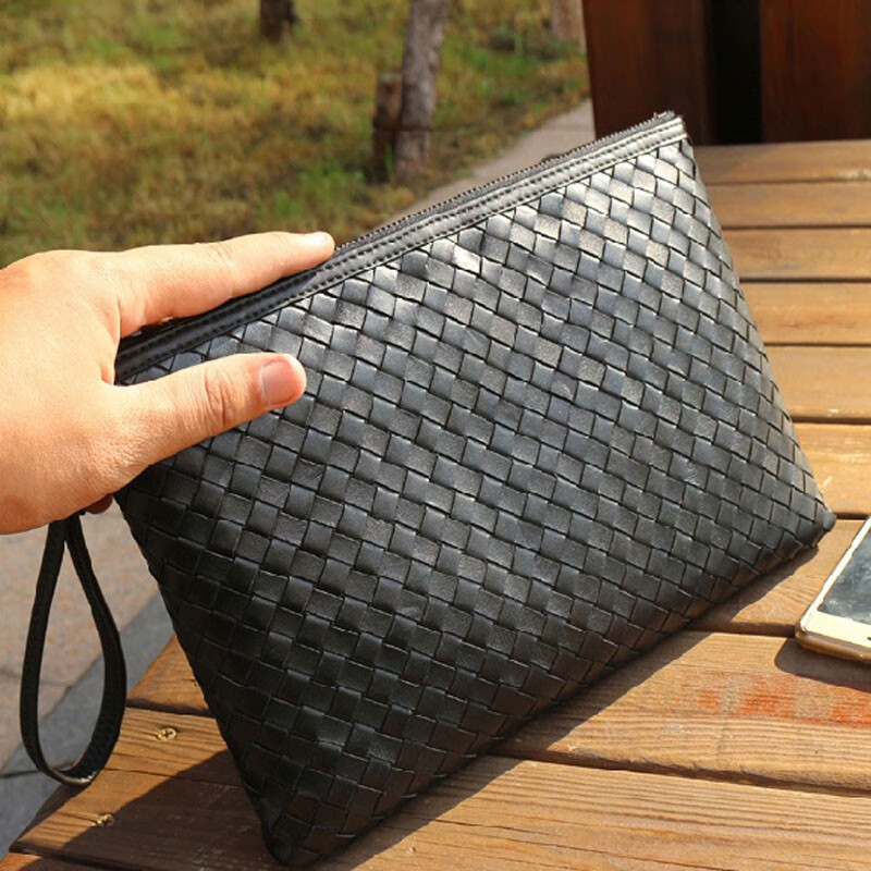 男士手包男包真牛皮大容量编织制夹包平板ipad包文件信封手拿手抓 小号