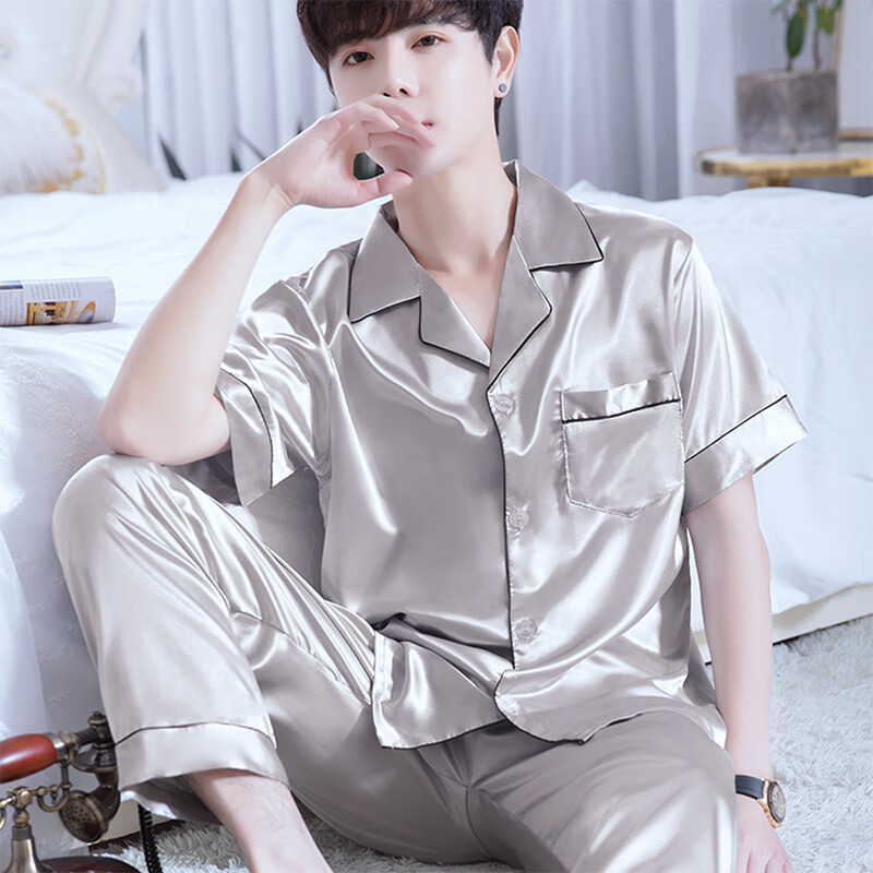 CATTYANDA 男士冰丝睡衣男春夏季短袖长裤薄款大码家居服套装 短袖纯色款-墨绿 3XL （165-185斤）