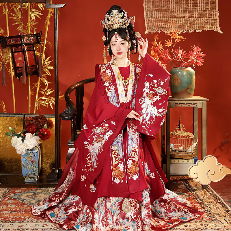 卡悠萊（KAYOULAI）中式婚紗鳳冠霞帔十柒上囍新款重工刺繡明制漢服女婚服馬面裙敬酒 紅+紅五件套(紅色霞帔) S 均碼