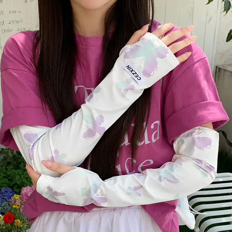 2024新款蝴蝶防晒袖套韩版女生防紫外线护臂冰丝手套遮阳开车冰袖