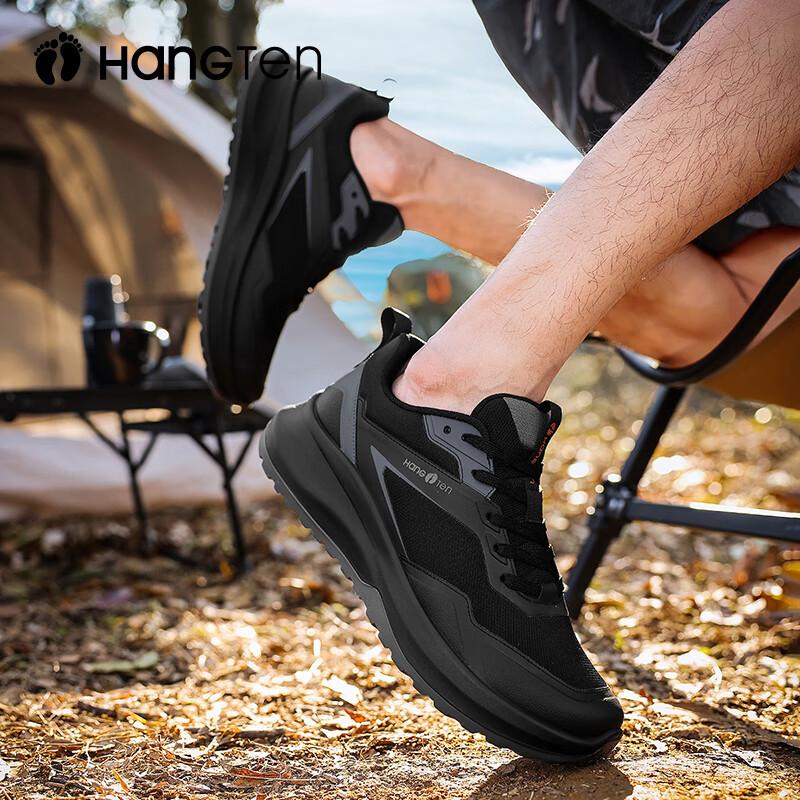 欢腾(HANG TEN)户外徒步男鞋2025春夏新款透气登山鞋复古休闲运动鞋轻便软底 黑灰 40