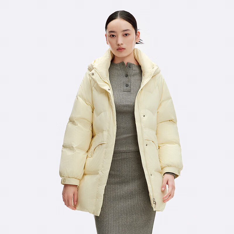 千仞岗秋冬季羽绒服中长款美拉德色系连帽外套女士百搭休闲保暖防寒服 奶油白 XS (155)