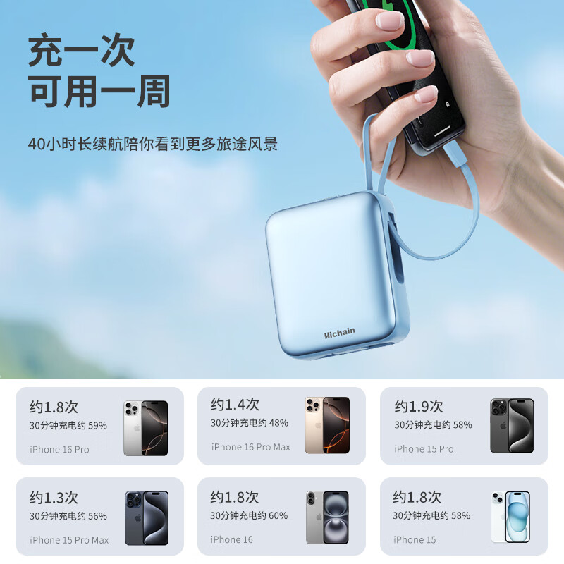 Hichain和昌充电宝3C认证可上飞机移动电源自带线10000毫安22.5W快充迷你小巧便携大容量通用苹果16/17pro 【22.5W快充】自带双线10000mAh紫