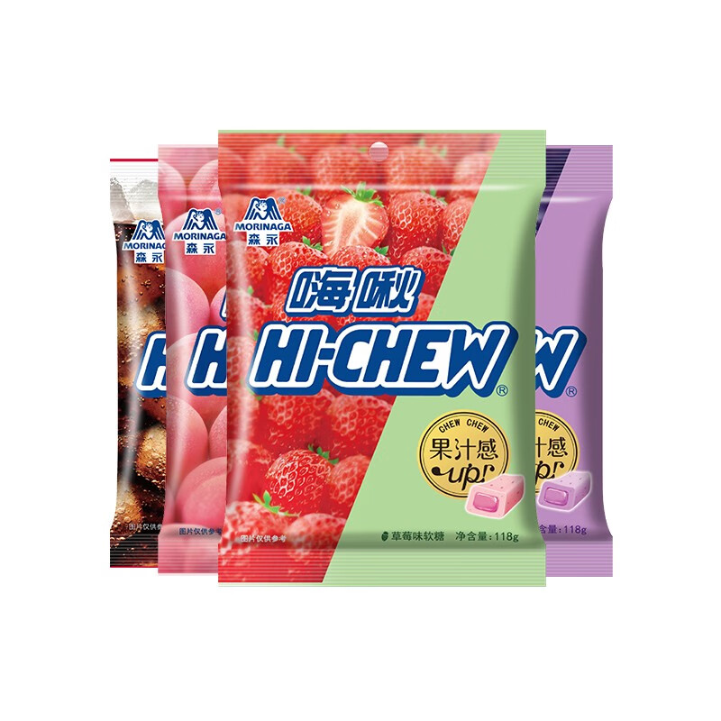 森永（Morinaga） 森永嗨啾水果汁軟糖果零食草莓水蜜桃葡萄118g4袋結(jié)婚喜糖零食 118g*4草莓+水蜜桃+葡萄+可樂