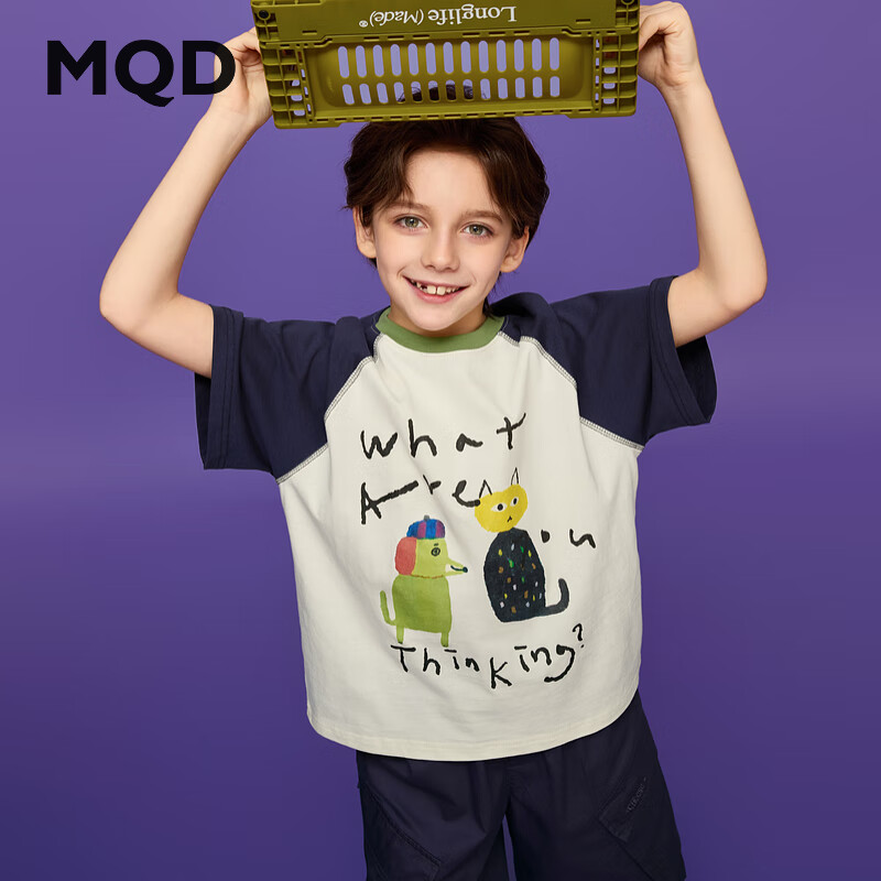 马骑顿（MQD）男大童夏季新品学院风插肩袖卡通撞色拼接上衣亲肤舒适短袖T恤 米白 140