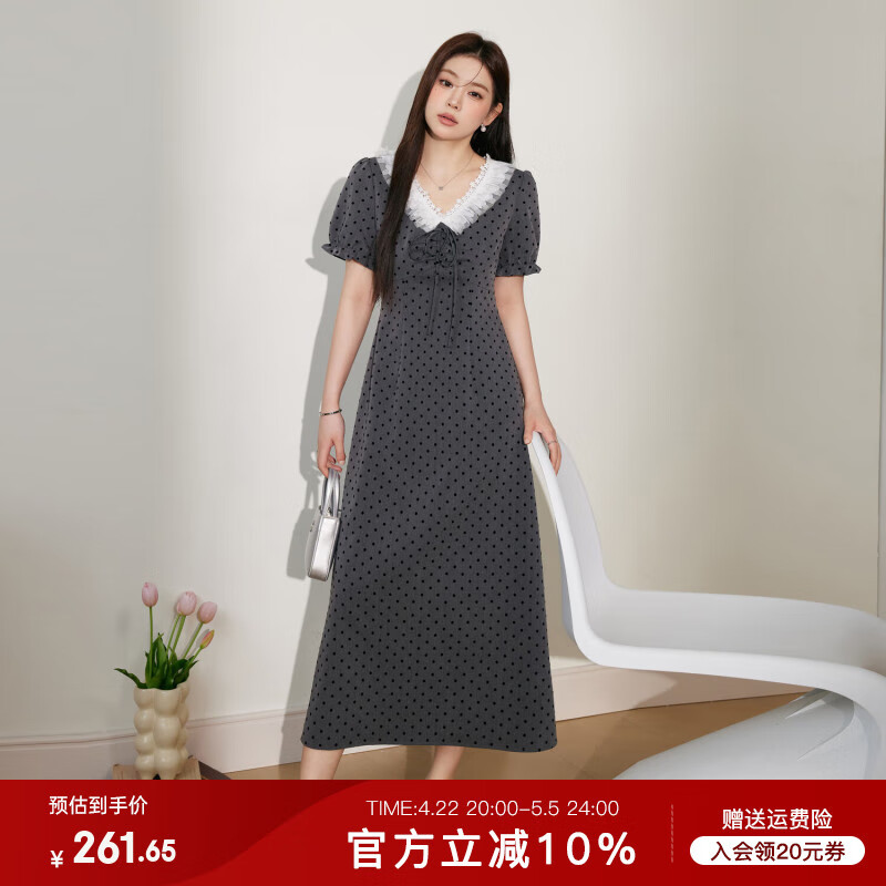 蓝语大码女装超好看蕾丝花边波点连衣裙2025夏季胖mm显瘦气质裙子 灰色波点 XL