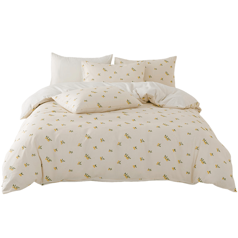 一默四件套四季被套床单枕套居家宿舍双人A类夏日柠檬塔提花四件套装 柑橘黄 床单款 （被套200*230cm） 四件套