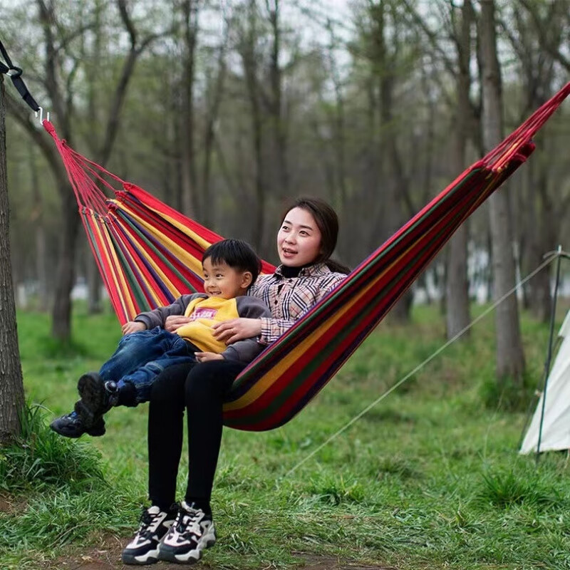 OIMG吊床户外防侧翻野外露营摇床秋千成人儿童单双人宿舍挂树睡觉吊椅 【带弯木】绑绳收纳袋鸭嘴扣S扣+ 红色单人260*100厘米