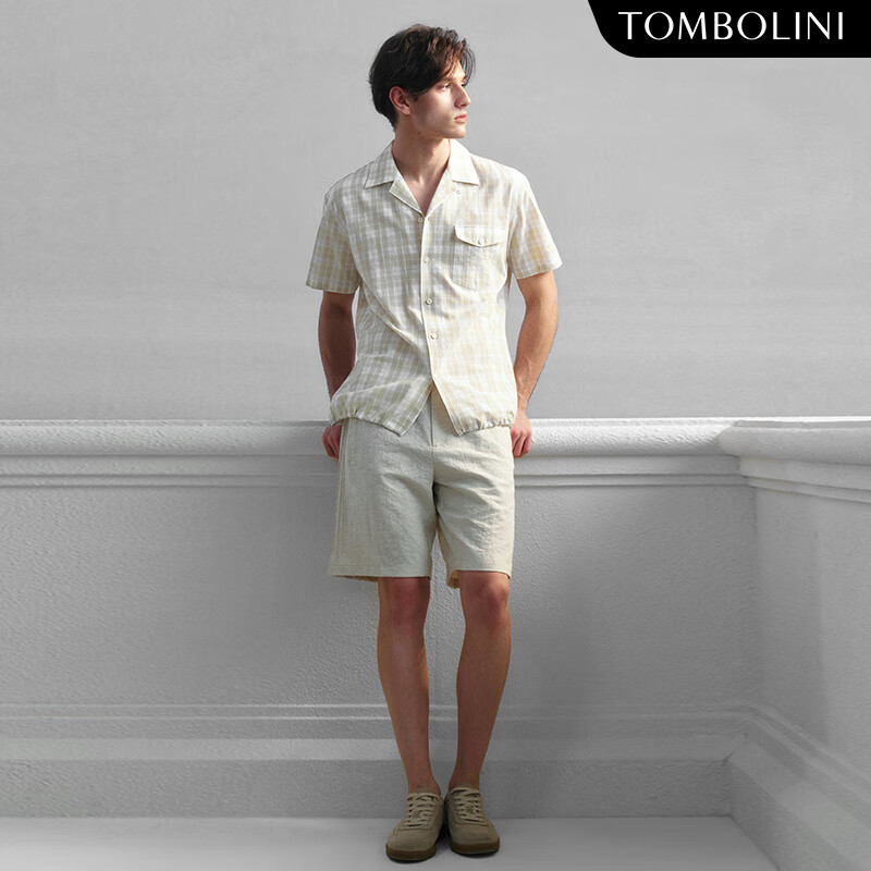 东博利尼春夏新款男士亚麻格子短袖衬衫日系复古衬衣潮 米黄色 40