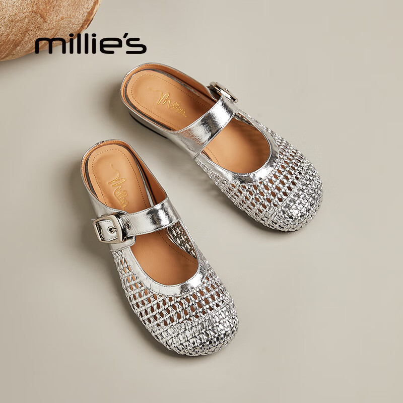 妙丽穆勒鞋女低跟镂空外穿包头时尚2025夏季新款百搭休闲时尚半拖鞋 银色 38 (240mm) 标准码