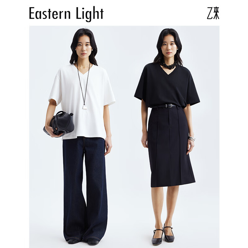 乙来(EASTERN LIGHT)2026夏季新款女装廓形V领短袖T恤衫上衣黑白色显瘦潮流宽松内搭 纯净白 L 乙来(EASTERN LIGHT)2026夏季新款女装廓形V领短袖T恤衫上衣黑白色显瘦潮流宽松内搭 纯净白 L