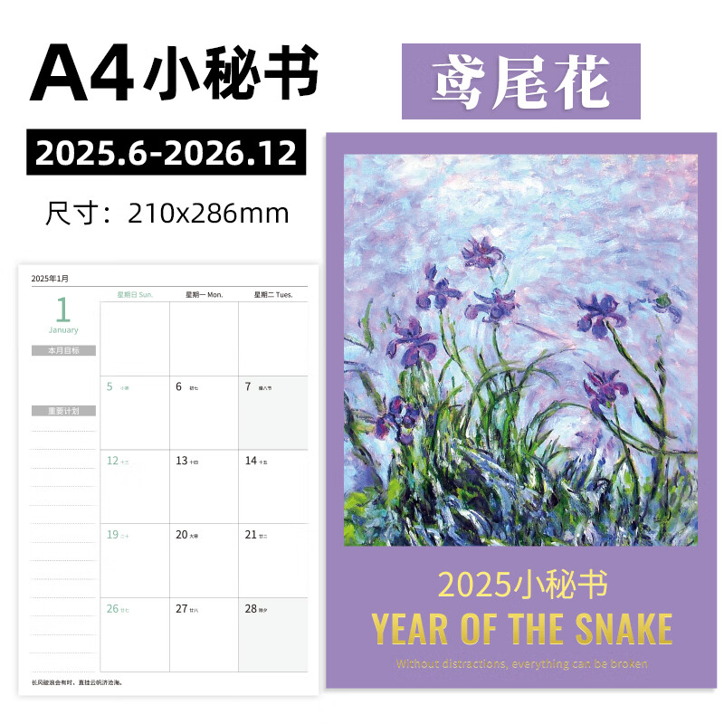 George Willsons2025年工作小秘書a4日程本蛇年記事本日歷本每日計劃本商務(wù)筆記本子時間管理效率手冊自律打卡本 A4小秘書-鳶尾花18個月版