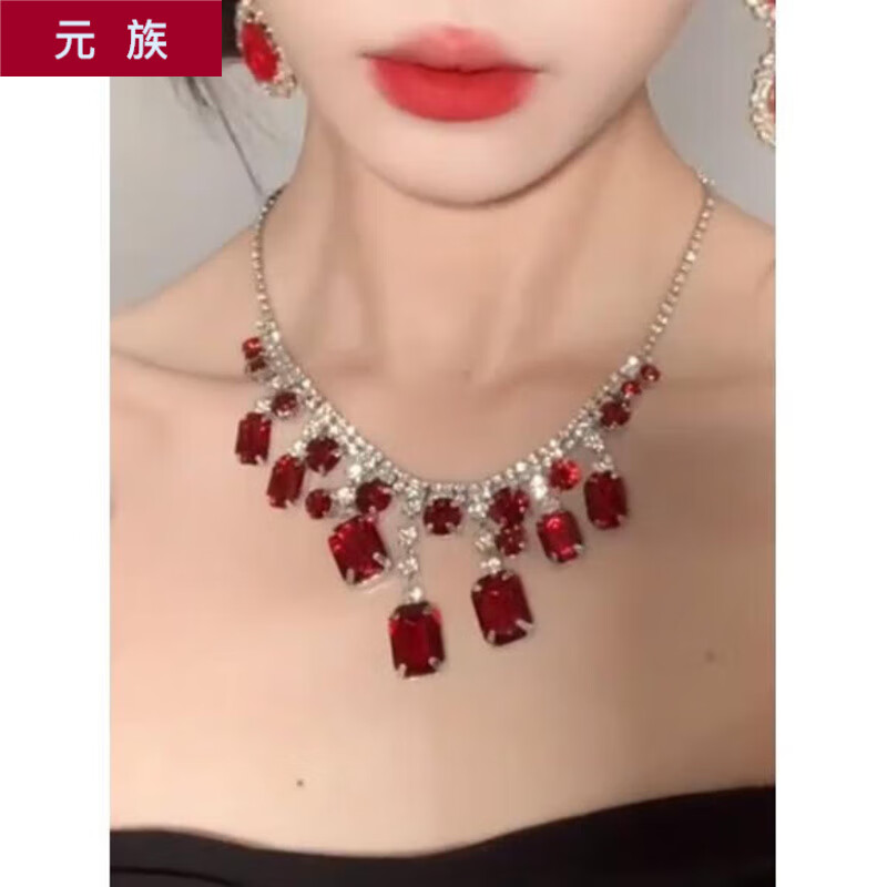 元族法式复古水滴项链女宫廷港风仿红宝石锁骨链晚宴轻奢颈链潮 项链
