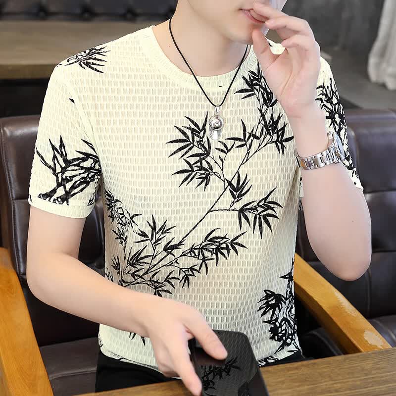 洛科驰高品质冰丝镂空t恤男夏季薄款修身印花蜂窝网眼透气上衣男款T恤 米白色 M 95-115斤