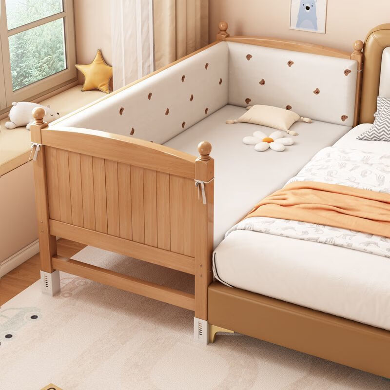 秋莹榉木婴儿拼接床加宽小床儿童床带护栏宝宝床男女小孩实木大床边床 【两护栏】+6CM空气纤维垫腿可调 顺丰到家200*40【加宽30CM床板】